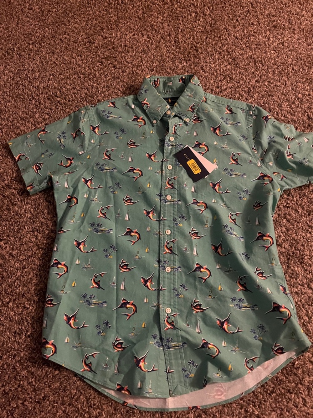 Men's Short-Sleeve Button-Up Shirt in Green with Sailfish Print